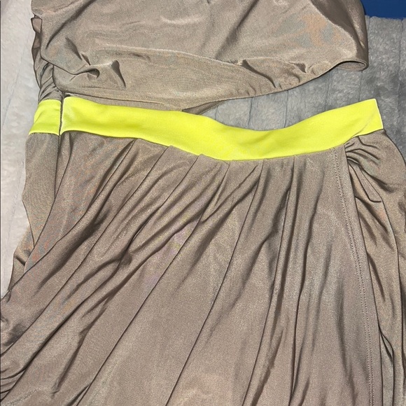 Bebe Tan and Yellow Asymmetrical Draped Cocktail Dress - Picture 2 of 3